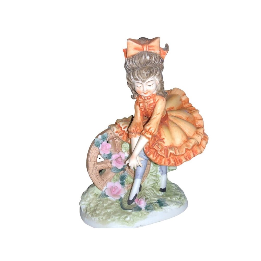 Girl figurine Orange Bloomer dress- Wagon wheel-Lefton sticker
